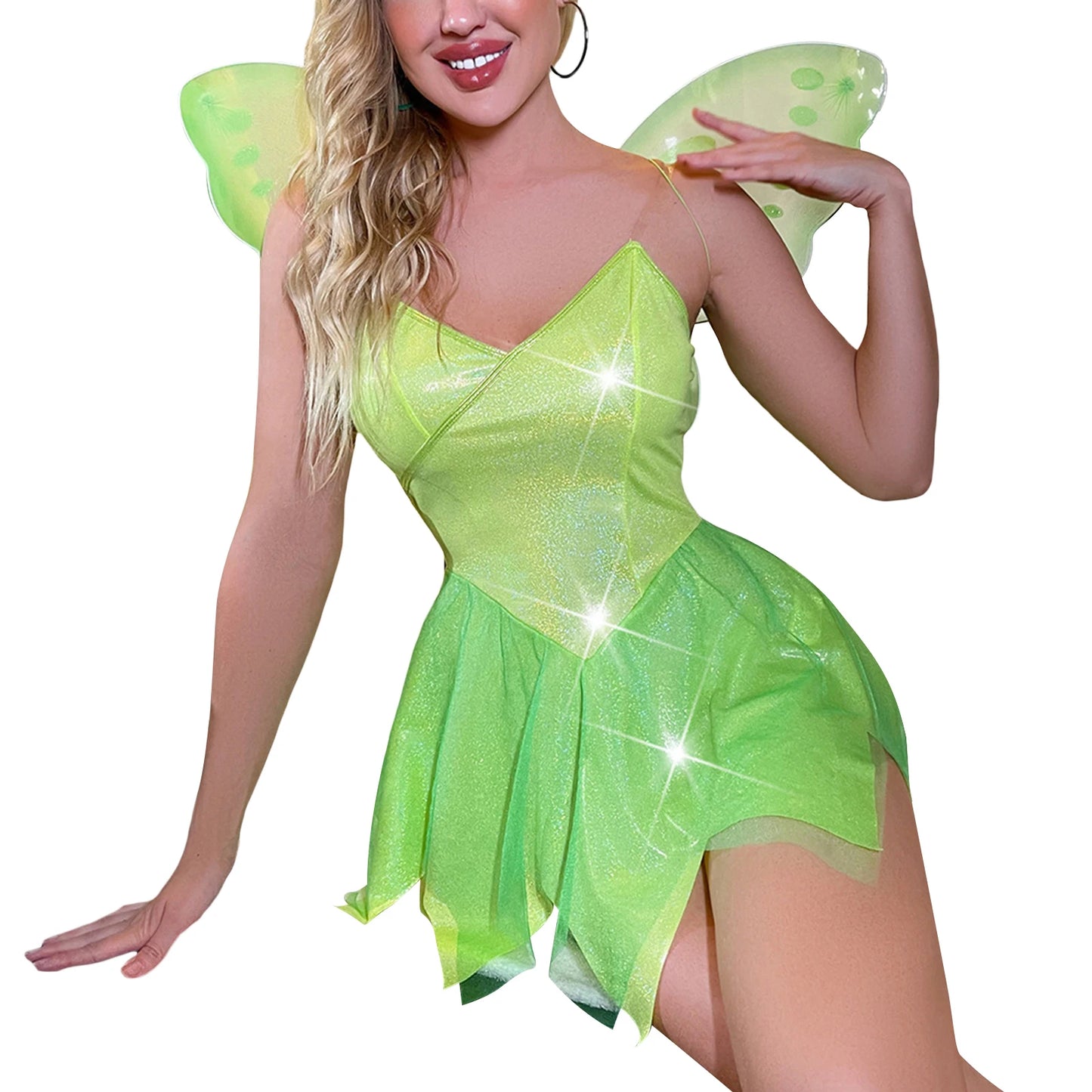 Holloween Women Slip Dress Sleeveless Mini Dress with Butterfly Wings Fairy Cosplay Costume