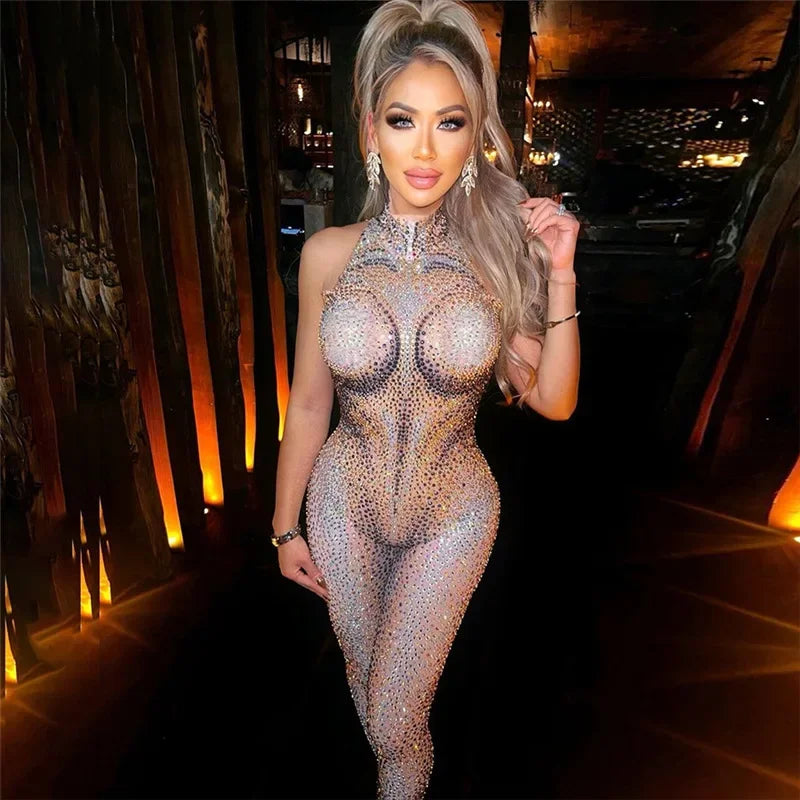 Sexy Lady 3D Women Body Shiny Rhinestones Printed Jumpsuits Skinny Rompers Sleeveless Bodycon Jumpsuits Party Wear Outfits New