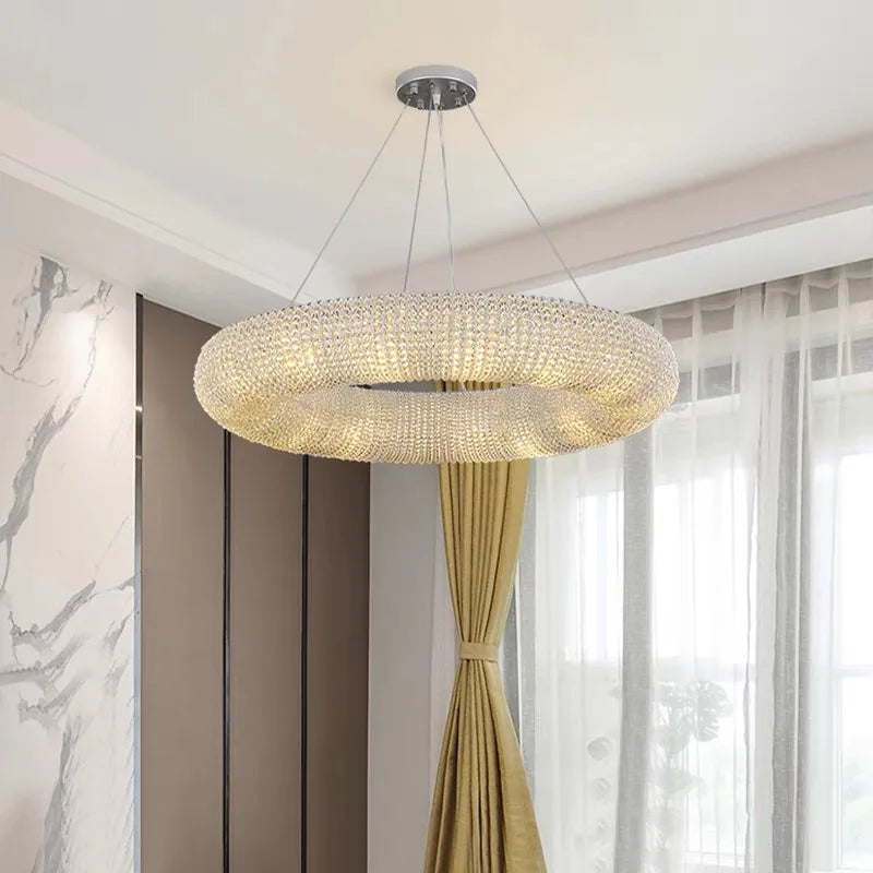 Modern Luxury Circle Crystal Loft Chandelier Living Room Lustre Pendant Lamp Suspend Lamp Home Interior Decor Lighting Fixtures