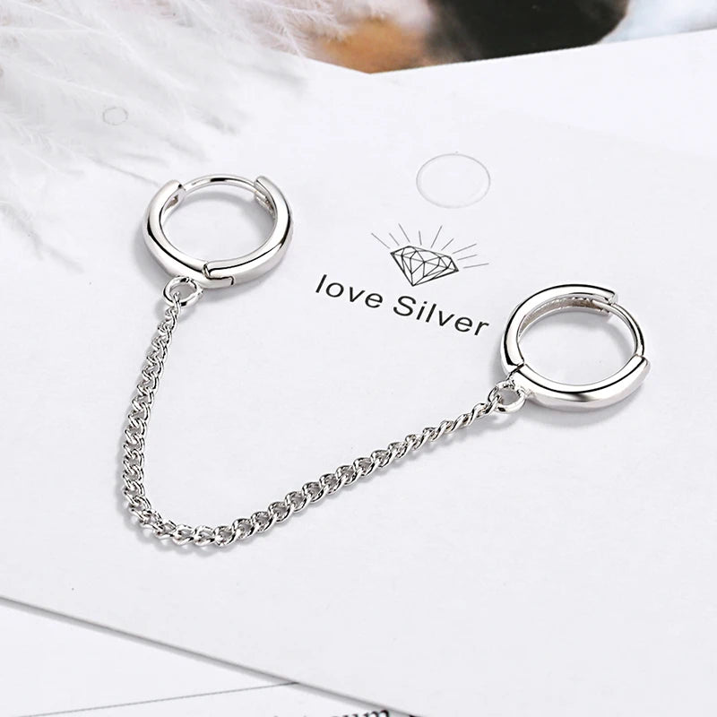 Women's New Fashion Double Ear Hole Piercing Hoop Earrings Smooth Simple Hoops Chain Connected Shiny Charming Earring Jewelry