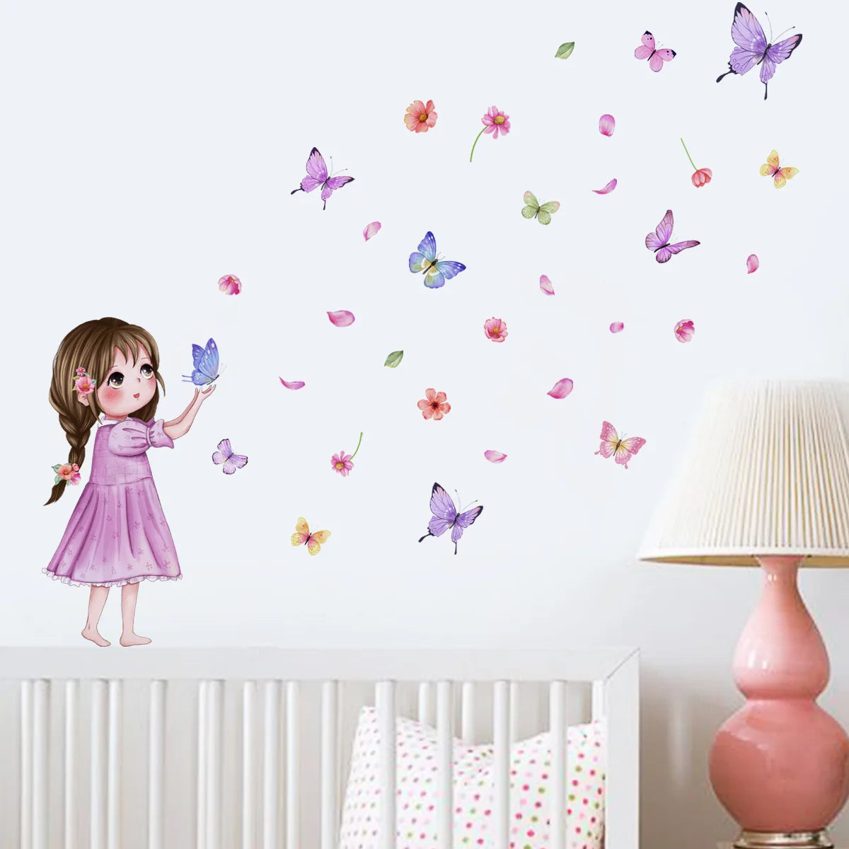 30*40cm Flower Little Girl Color Butterfly Cartoon Cute Wall Sticker Background Wall Living Room Decoration Mural Wall Sticker