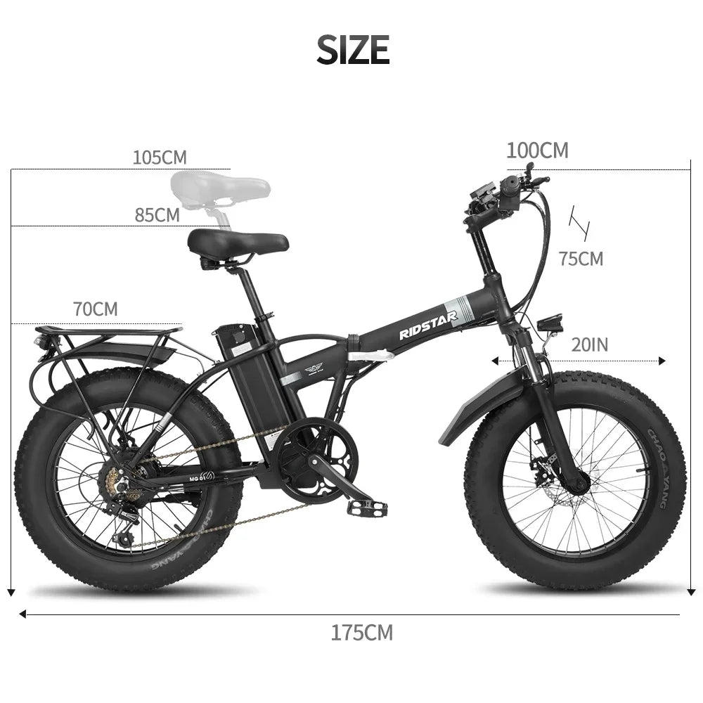 Ridstar-G20 Folding Electric Bicycle, Fat Tire Ebike, 20 Inch Electric Bikes, Beach Cycling with Back Seat, 1000W, 48V, 14AH