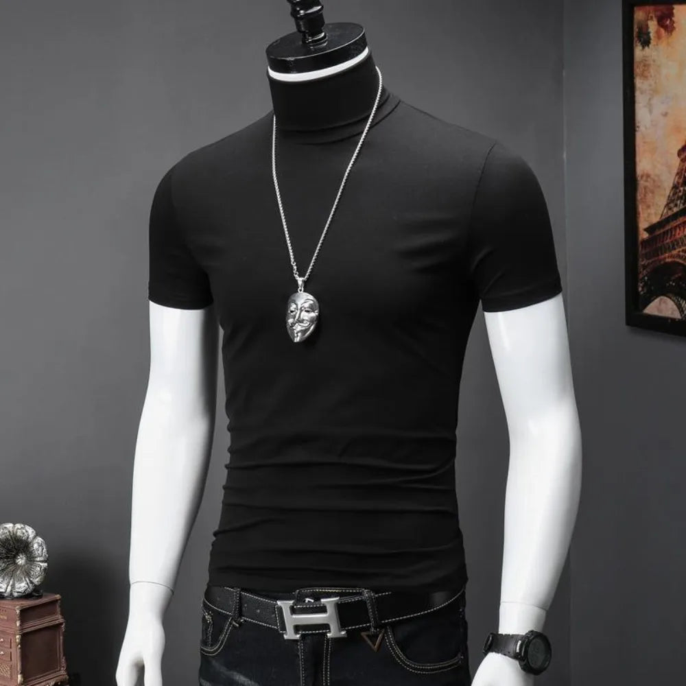 Harajuku Korean Style Men's High Neck Short Sleeve T-Shirt Casual Luxury Golf Wear Summer Tees Fashionable Black Undershirt Man