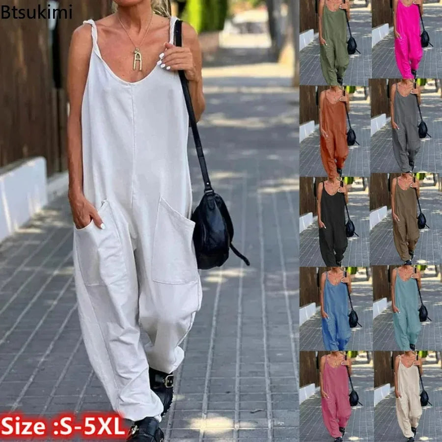 2024 Women's Plus Size Casual Wide Leg Jumpsuits Solid V Neck Low-cut Daily Wear Oversized Overalls Female Outfits Backless 5XL