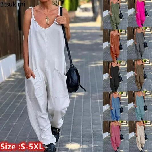 2024 Women's Plus Size Casual Wide Leg Jumpsuits Solid V Neck Low-cut Daily Wear Oversized Overalls Female Outfits Backless 5XL