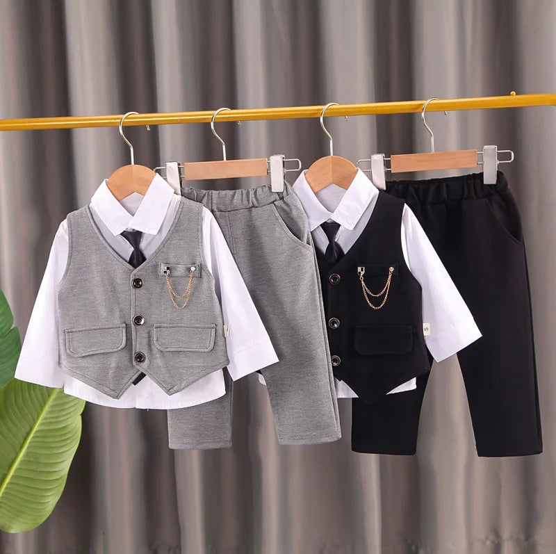 2024 new fashion children's wear baby chain vest gentleman suit boy's solid color vest Tie Shirt three piece formal evening dres