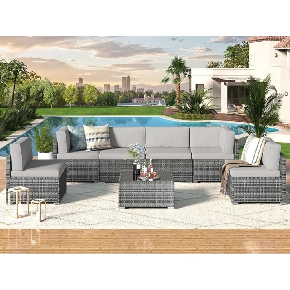 7 Pieces Patio Furniture Set, Modular Patio Set Wicker Outdoor Sectional Sofa Set PE Rattan Wicker Patio Conversation Set