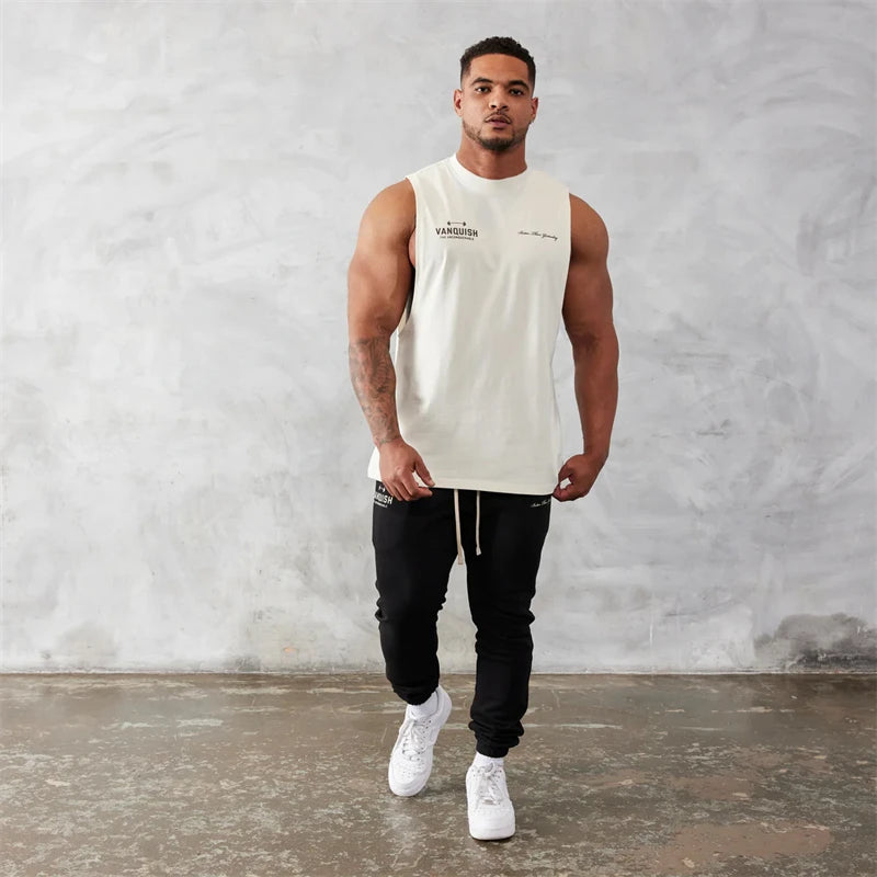 Gym exercise fitness sports men's vest cotton wide shoulder round neck sleeveless shirt slim casual men's wear