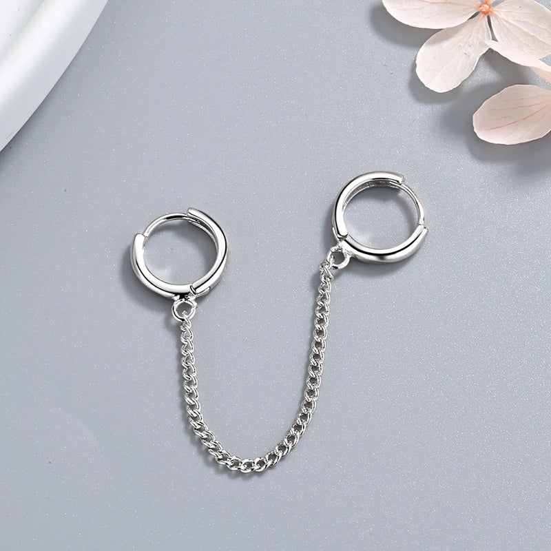 Women's New Fashion Double Ear Hole Piercing Hoop Earrings Smooth Simple Hoops Chain Connected Shiny Charming Earring Jewelry