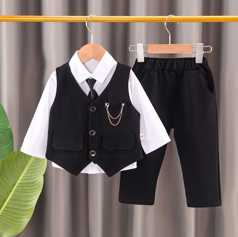 2024 new fashion children's wear baby chain vest gentleman suit boy's solid color vest Tie Shirt three piece formal evening dres