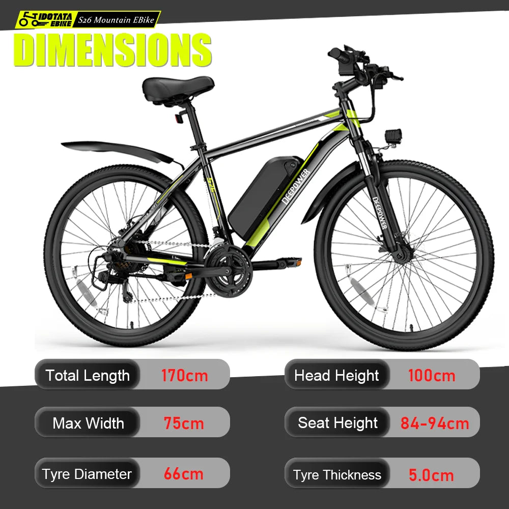 IDOTATA Electric Bicycle 48V 12.8AH Lithium Battery 500W Motor Adult Mountain Electric Bike 21Speed Cycling Bicycle 26INCH Ebike