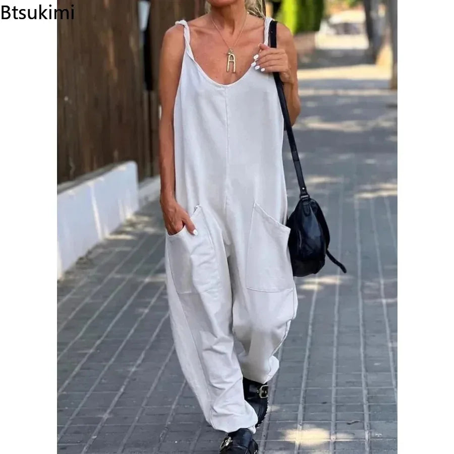 2024 Women's Plus Size Casual Wide Leg Jumpsuits Solid V Neck Low-cut Daily Wear Oversized Overalls Female Outfits Backless 5XL