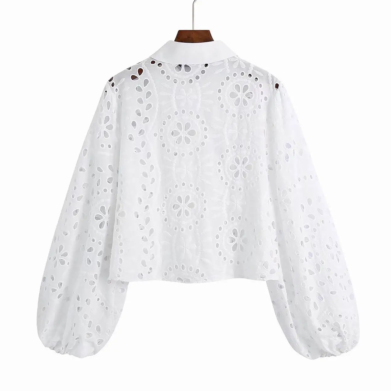 Cropped Shirt  White Lace Blouse Eyelet Cut Embroidery Top Wear  Hollow Out Women's Summer Clothing