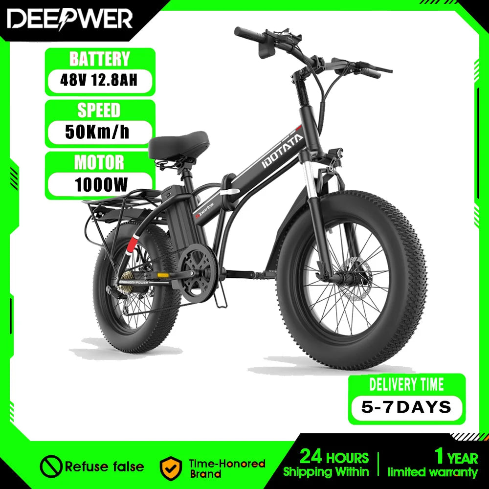 DEEPOWER 1000W Adults Electric Bike Bicycle 48V 12.8AH 20 Inch Off-Road Tire Folding Electric E Bikes Mountain Ebike For Adults