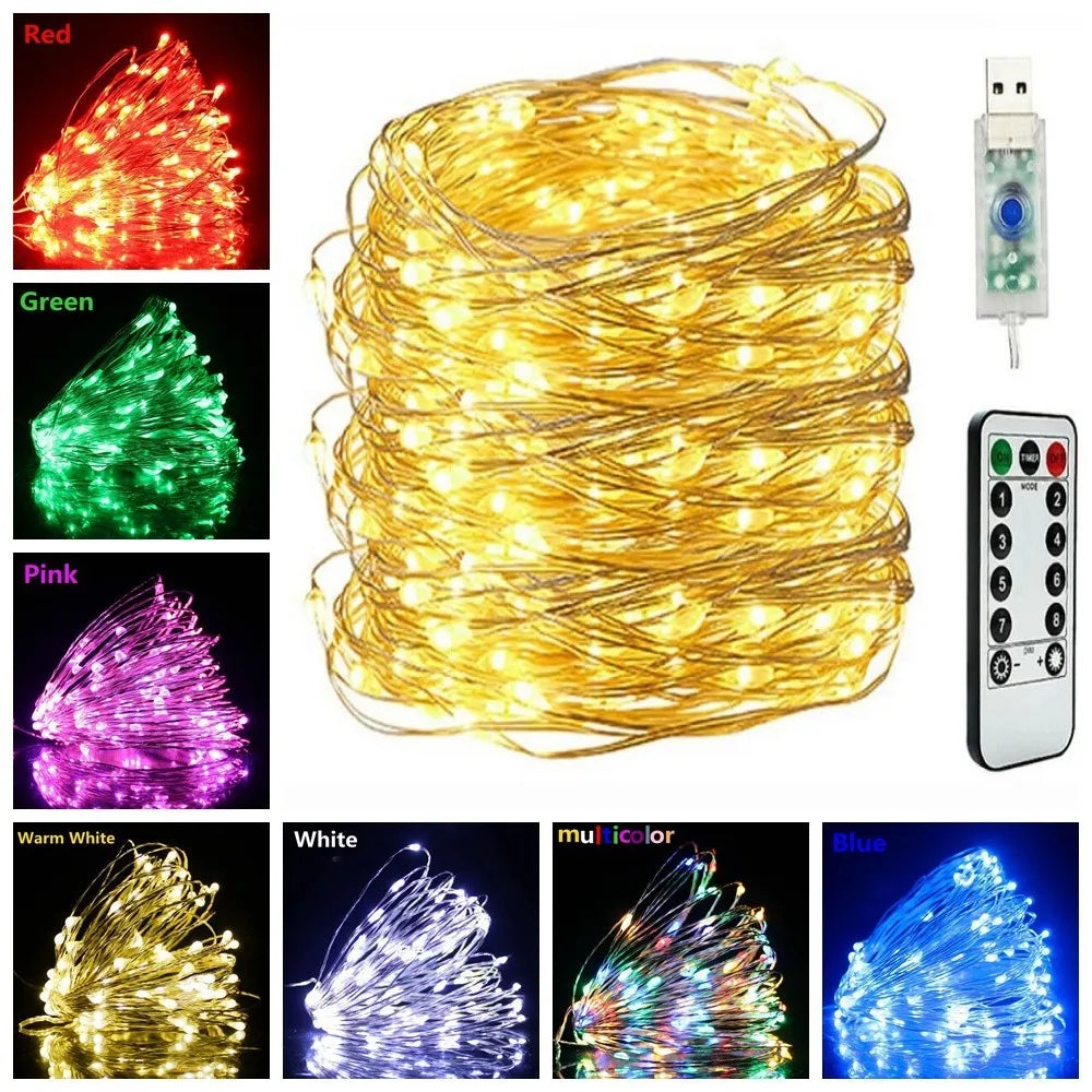 LED Christmas Garland 20M Copper Wire Twinkle Fairy String Lights USB Battery Operated Waterproof For Home Party Wedding Decor