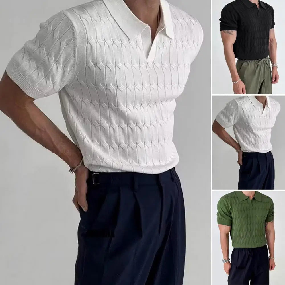 Men Jacquard Knit Top Stylish Men's V Neck Jacquard Knitted Shirt for Business Casual Wear Short Sleeve Loose Fit Mid Length Top