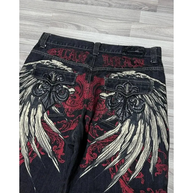 Y2K Baggy Shorts Mens New Wing Embroidered Denim Shorts Vintage Harajuku Hip Hop Gothic Punk Gothic Wide Leg Pants Street Wear