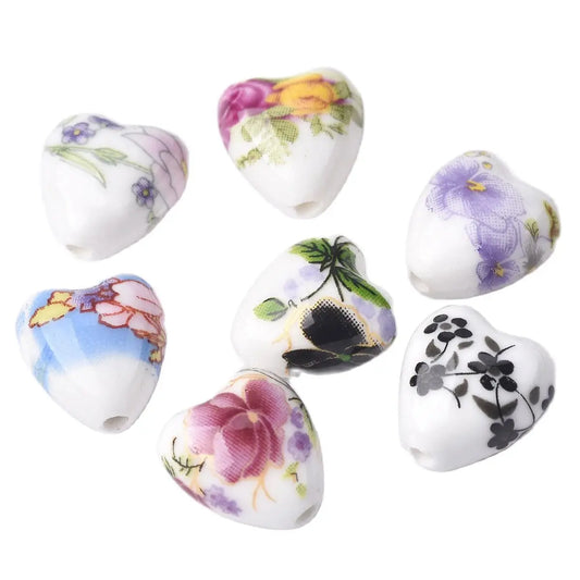 10pcs 13x12mm Heart Shape Flower Patterns Ceramic Porcelain Loose Crafts Beads lot for Jewelry Making DIY Findings