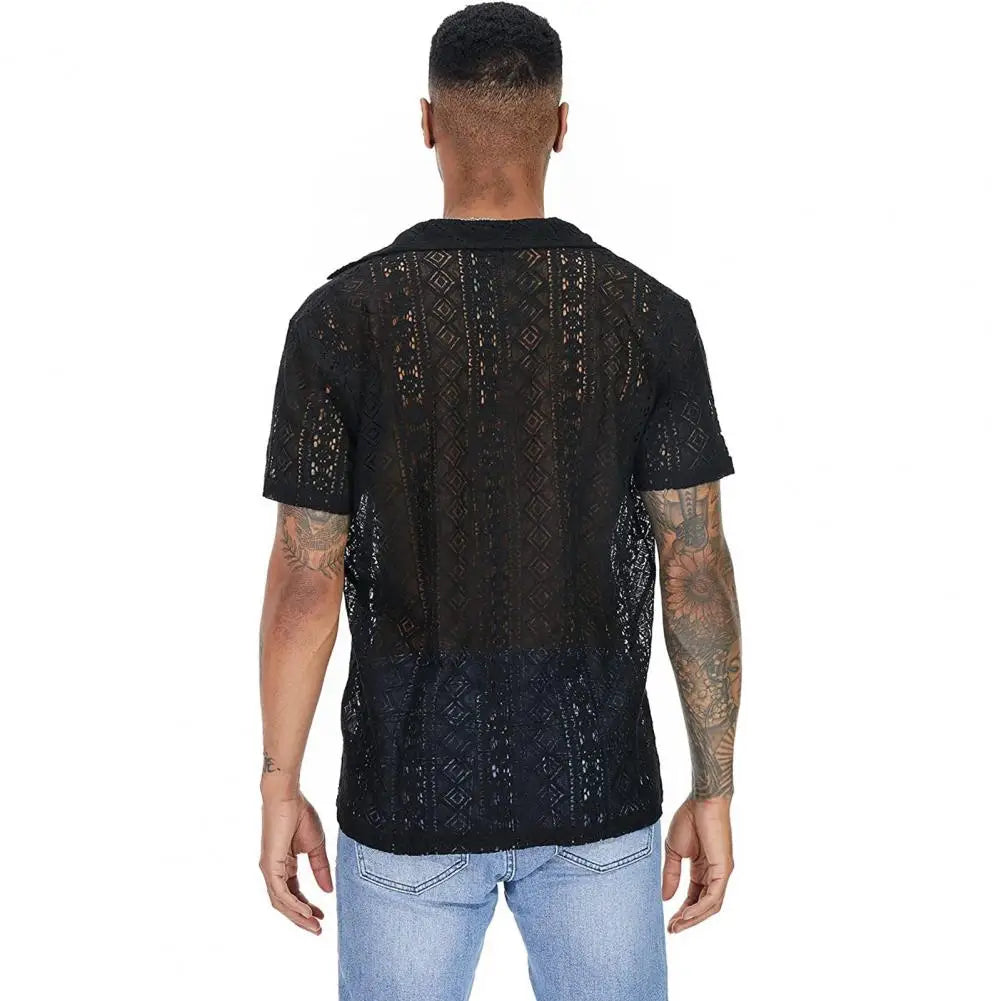 Stylish Men T-shirt Mid-length Solid Color Soft Breathable See-through Men Shirt  Men Shirt Daily Wear