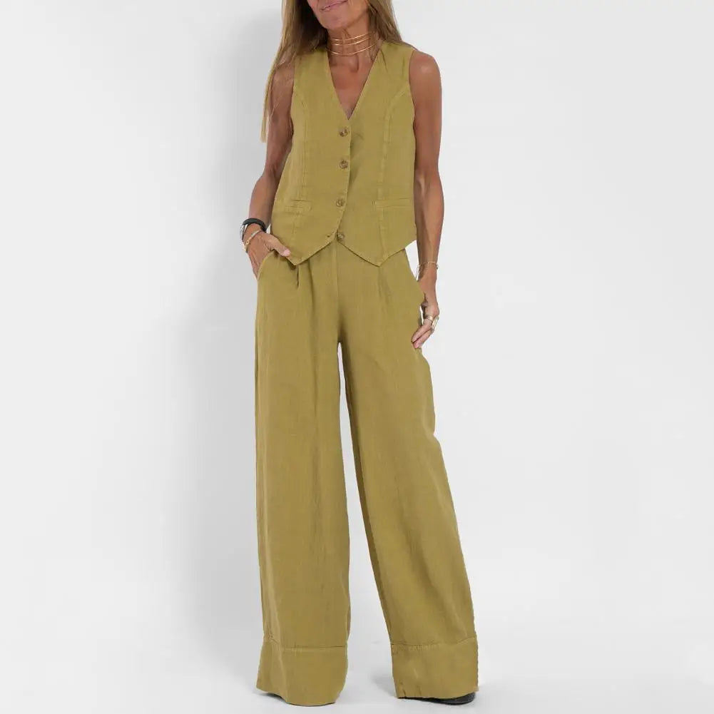 Solid Color Suit Set Fashionable Women's Cotton Linen Suit Sleeveless Vest Wide Leg Pants Set for Office or Casual Wear