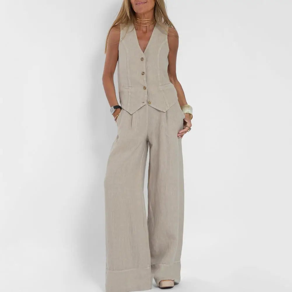 Solid Color Suit Set Fashionable Women's Cotton Linen Suit Sleeveless Vest Wide Leg Pants Set for Office or Casual Wear