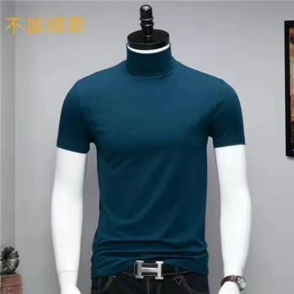 Harajuku Korean Style Men's High Neck Short Sleeve T-Shirt Casual Luxury Golf Wear Summer Tees Fashionable Black Undershirt Man