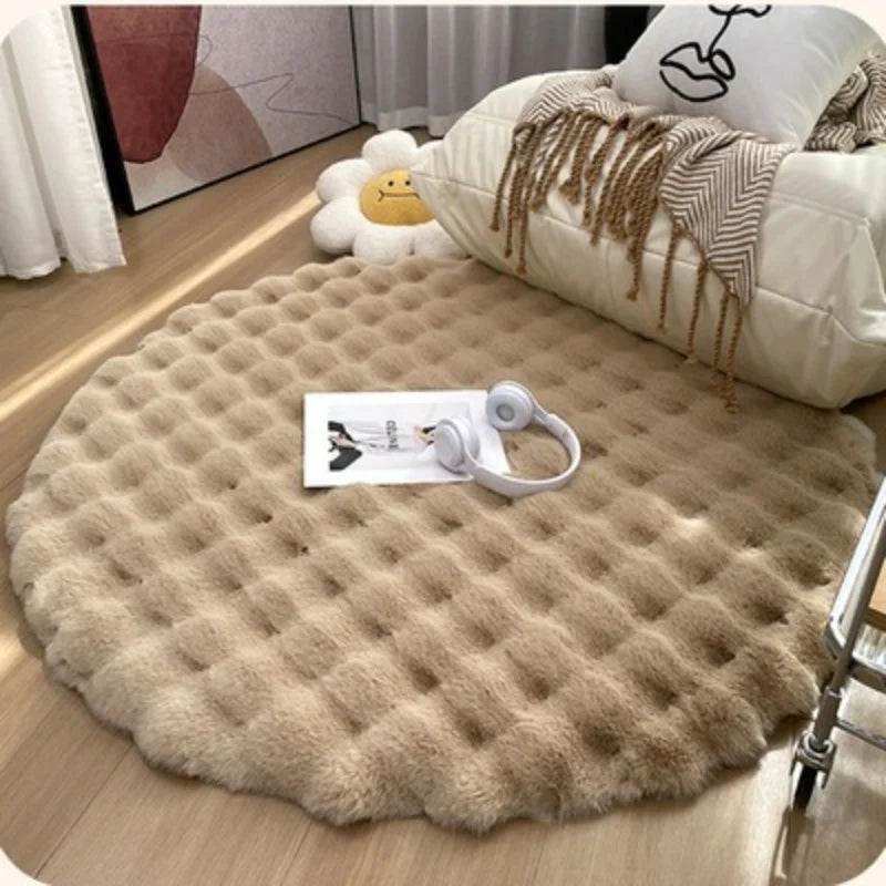 Plush Round Carpets for Living Room, Faux Rabbit Fur Mat, Soft Bubble Velvet Area Rugs Bedroom Bedside, Shaggy Rug Room Decor