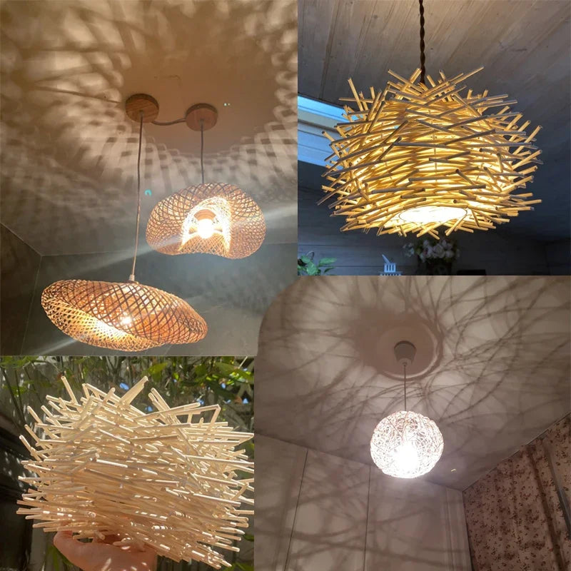 Rattan Wicker Bamboo Pendant Light Fixture Ceiling Lustre Chandelier Hanging Lamp Hand Knit Braided Home Living Bed Room Decor