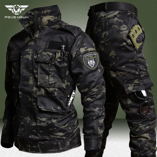 Outdoor Wear-resistant Sets Men Camo Spring Autumn Multi-pocket Ripstop Training Suits Male Fishing Cargo Uniform Set