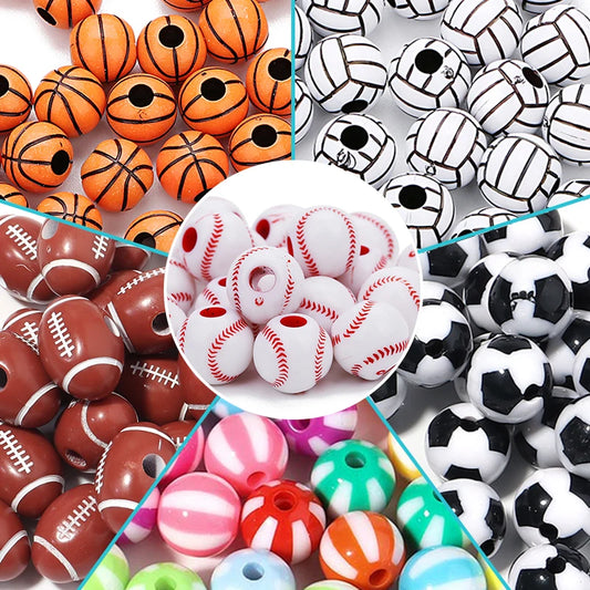 Wholesale  Acrylic Football Beads Basketball Soccer Ball Charms Round Loose Beads With Hole Bracelets Jewelry Making Supplies