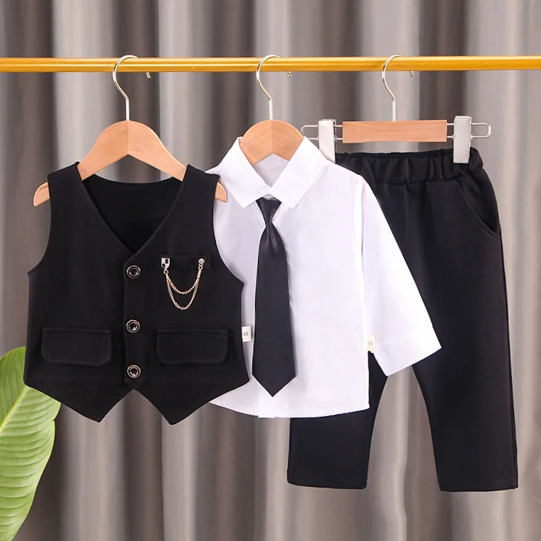 2024 new fashion children's wear baby chain vest gentleman suit boy's solid color vest Tie Shirt three piece formal evening dres